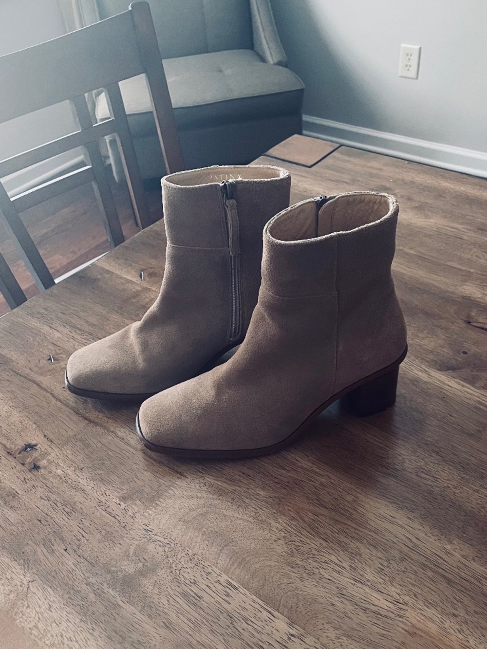 Patina Suede Ankle Booties in Taupe with Side Zip
